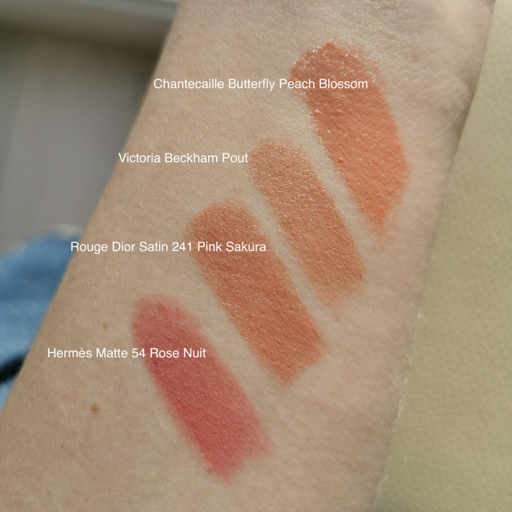 Chantecaille Peach Blossom, Victoria Beckham Pout, Rouge Dior Pink Sakura, Hermes Rose Nuit swatches