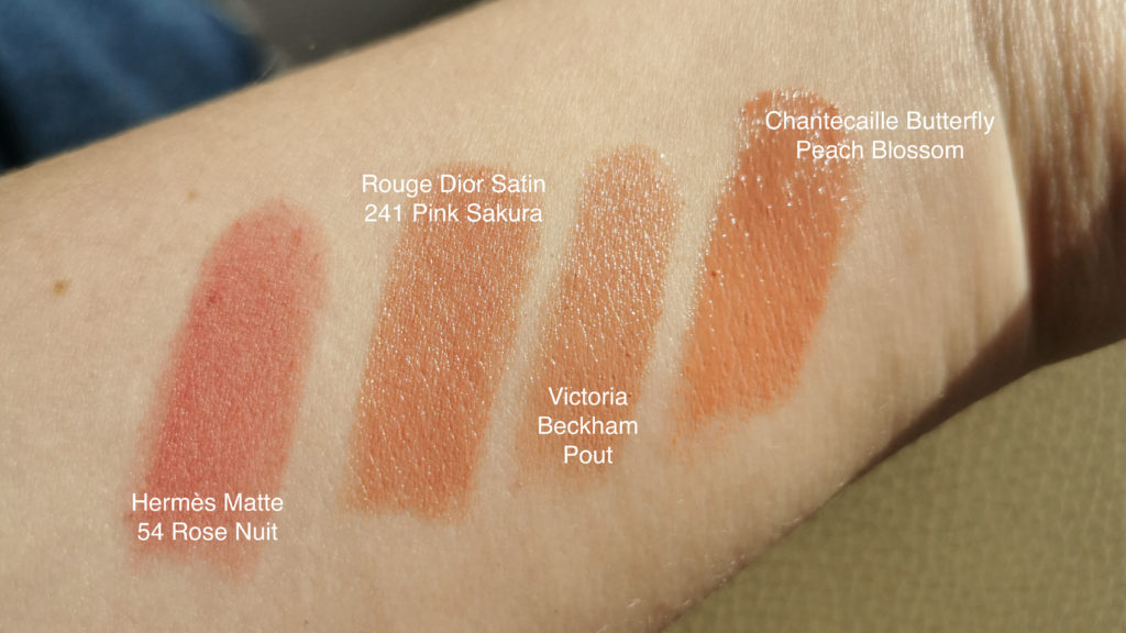 Chantecaille Peach Blossom, Victoria Beckham Pout, Rouge Dior Pink Sakura, Hermes Rose Nuit swatches