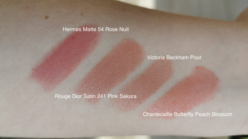 Chantecaille Peach Blossom, Victoria Beckham Pout, Rouge Dior Pink Sakura, Hermes Rose Nuit swatches